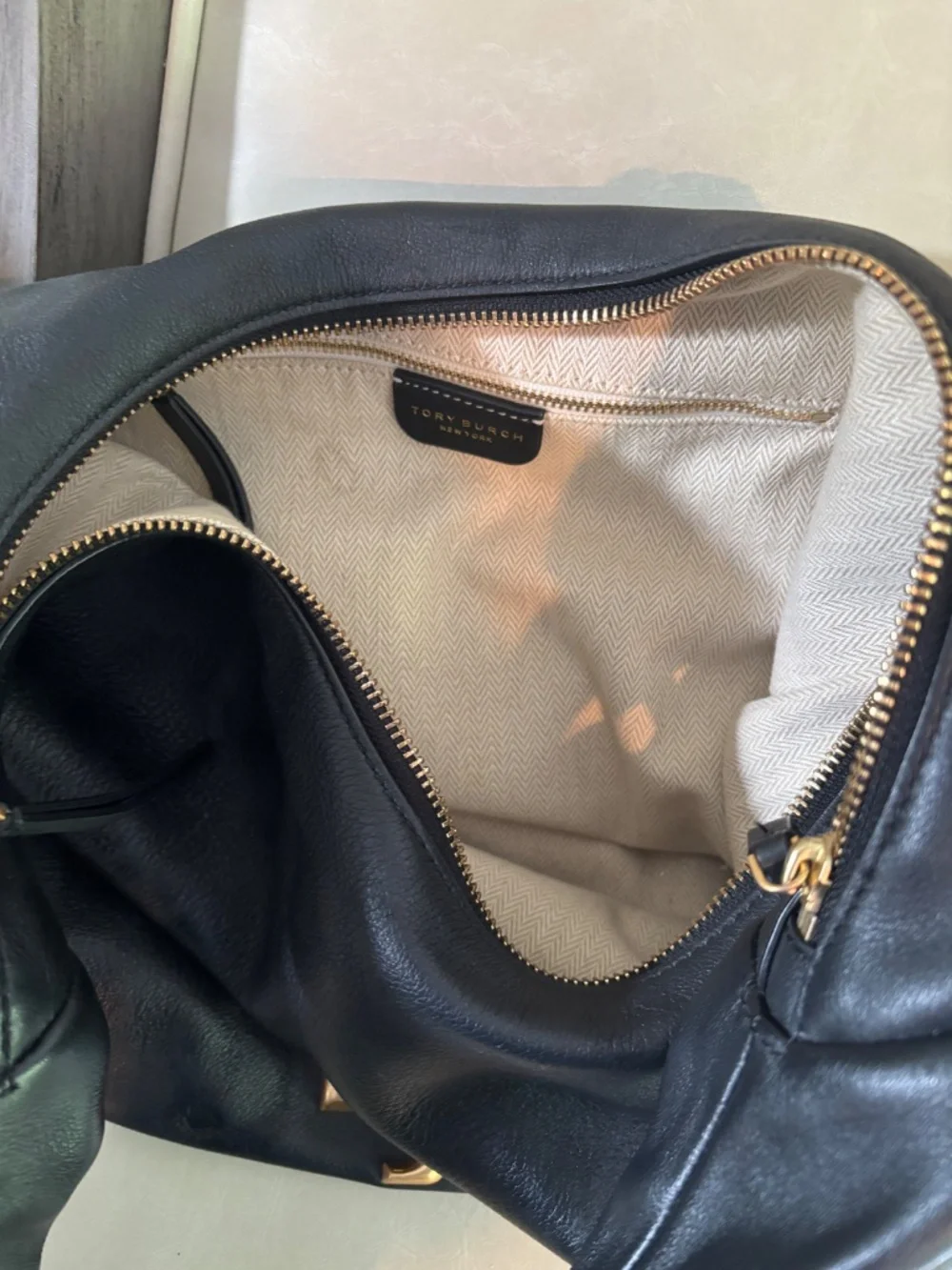Tory Burch Kira Black Leather Hobo with Gold Logo